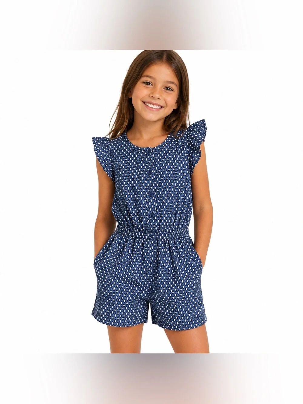 Gymboree Girls Size 8 Navy Geometric Flutter Sleeve Romper Pockets